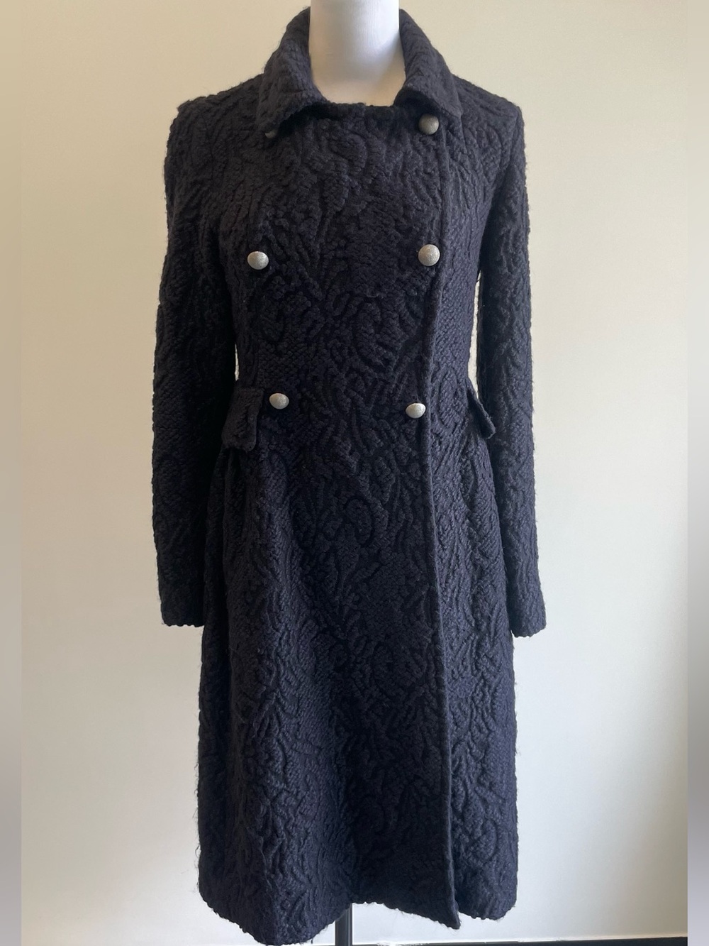 Carolina Herrera Navy Blue Textured Double-Breasted Pea Coat 4151MP